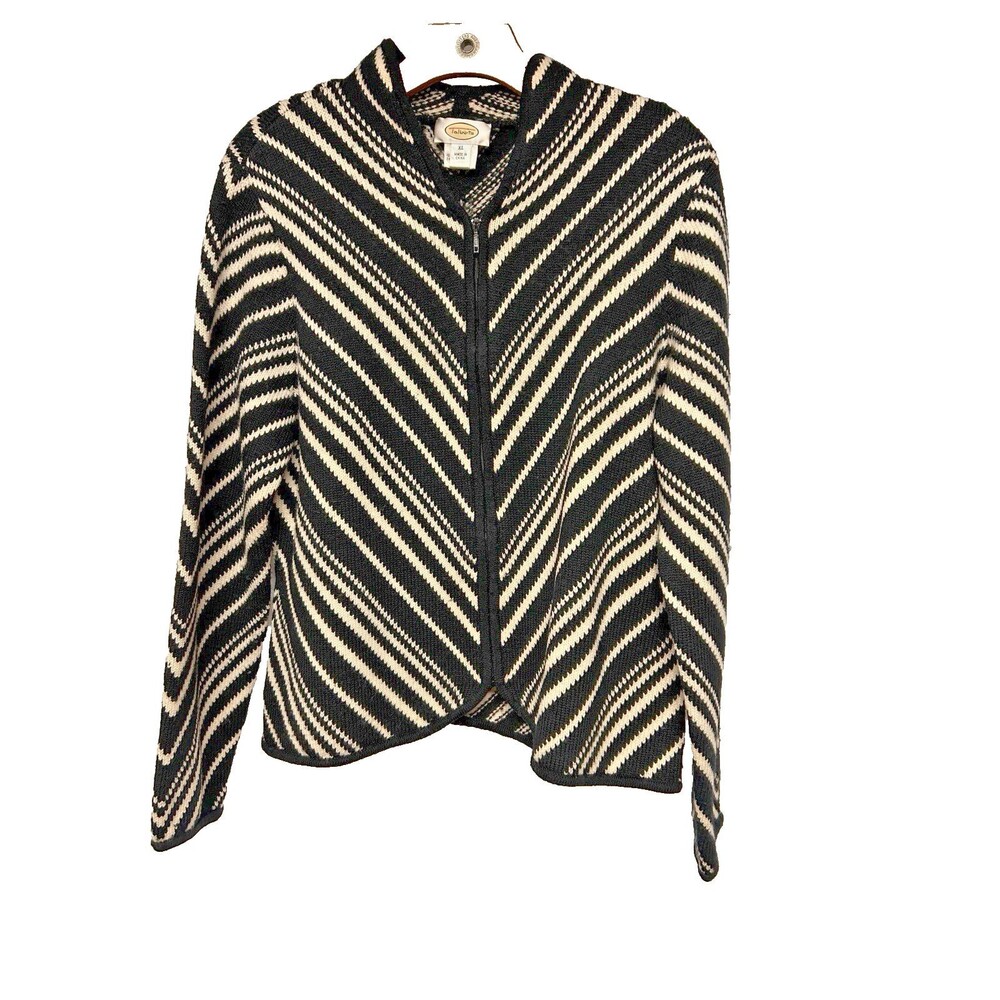 Vtg Talbots Women XL 100% Wool Zip Up Knit Cardigan Sweater Chevron Black White